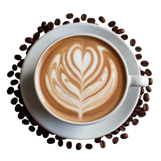 Artistic latte with intricate leaf pattern latte art surrounded by coffee beans